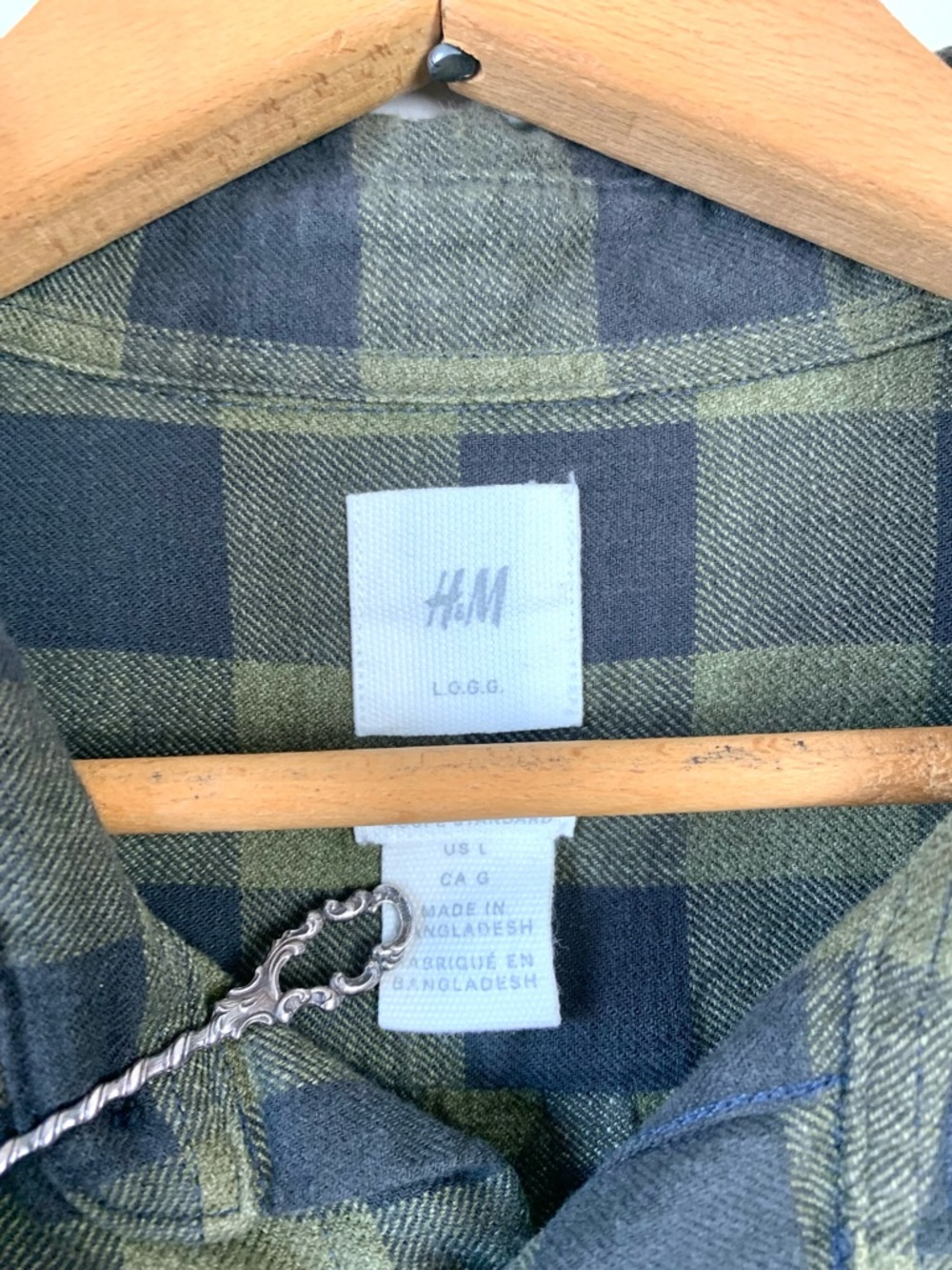 H&M Olive Green Plaid 100% Cotton Button Up Long Sleeve Large - Picture 4 of 6